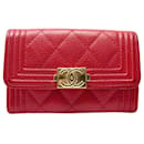 CHANEL BOY CARD HOLDER RED CAVIAR LEATHER WALLET - Chanel