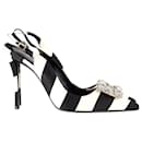 Roger Vivier Striped Buckled Slingback Pumps in Black and White Satin