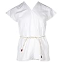 Top de algodón blanco con cinturón de cuero trenzado - Hermès
