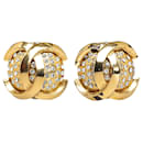 Gold Chanel CC Rhinestone Clip-On Earrings