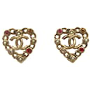 Gold Chanel Pearl Crystal CC Heart Earrings