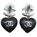 Chanel Silver CC Rhinestones Resin Heart Drop Earrings