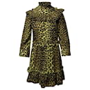 Ganni Leopard Minion Ruffled Mini Dress in Yellow Animal Print Cotton