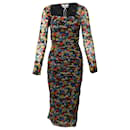 Ganni Ruched Bodycon Midi Dress in Floral Print Mesh Silk