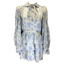 LoveShackFancy Ivory / Blue Daly Frosted Shores Print Floral Satin Mini Dress - Autre Marque