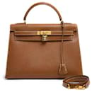 Hermes Sac Kelly 32 Sellier Couro Ouro HDW Ouro 1997 com alça - Hermès