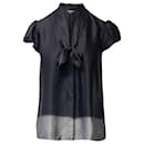 Theory Tie Front Blouse with Puff Sleeves in Grey Silk