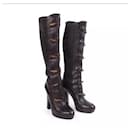 Gucci Knee High Heel Black Leather Boots Bamboo Buckle Quileted