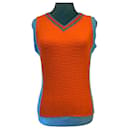 Chanel 02P CC Terry Logos Blouse Tank Top Shirt FR 42 in Orange and Turquoise Blue
