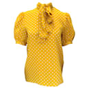 Celine Marigold Yellow / Ivory Polka Dot Printed Tie-Neck Short Sleeved Silk Blouse - Autre Marque