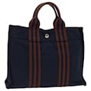 HERMES Fourre ToutPM Hand Bag Canvas Navy Brown Auth bs12475 - Hermès
