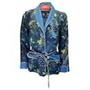 F.R.S For Restless Sleepers Blue / Green Multi Floral Peacock Printed Belted Silk Jacket - Autre Marque