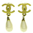 Gold Chanel CC Faux Pearl Clip On Drop Earrings
