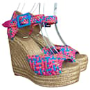 Sandales compensées espadrilles à bride de cheville en cuir tressé multicolore HERMES, taille 40 - Hermès