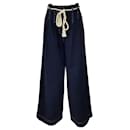 Ulla Johnson Navy Blue / White Contrast Stitching Rope Belt Cotton Wide Leg Pants - Autre Marque
