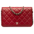 Chanel Red CC Lambskin Pearl Wallet On Chain