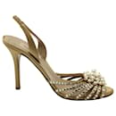 Valentino Pearl Embellished Slingback Heels in Gold Satin  - Valentino Garavani