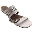 Hermes White / Silver Metallic Chain Strap Flat Leather Sandals - Autre Marque