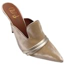 Malone Souliers Champagne Metallic Leather Trimmed Pointed Toe Velvet Mule Heels - Autre Marque