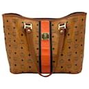 MCM Visetos Shopper Bag Shoulder Bag Cognac Stripe Tote Logo