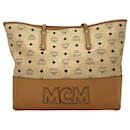 MCM Shopper Bag Tote Handbag Ivory Light Brown Logo Print