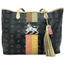 MCM Visetos Shopper Bag Black Lion Logo Print Handbag Medium