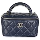 Chanel Navy Quilted Lambskin Top Handle Vanity Case With Chain