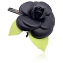 Vintage Black Leather Camelia Camellia Flower Pin Brooch - Chanel