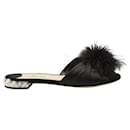 Black Satin with Ostrich Feather Crystal Sandals - Miu Miu