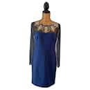 Dark blue silk dress with golden embroidery - Marchesa