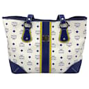 MCM Visetos Shopper Bag Shoulder Bag White Blue Handbag Medium