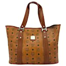 Bolso de compras MCM, bolso bandolera, bolso color coñac marrón con estampado de logo, bolso de mano.