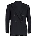 Sandro Paris Striped Double-Breasted Blazer in Navy Blue Cotton