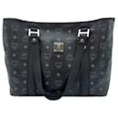 MCM Visetos Shopper Bag Shoulder Bag Black Silver Tote Bag Medium