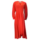 Mantu Poppy Red Long Sleeved V-Neck Silk Midi Dress - Autre Marque