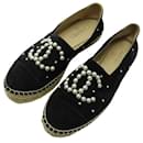 NEW CHANEL SHOES ESPADRILLES LOGO CC PEARLS G29762 37 BLACK SUEDE SHOES - Chanel