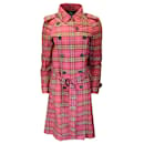 Burberry Dark Pink Multi Belted Checkered Crinkled Silk Trench Coat - Autre Marque