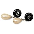 Chanel CC Rhinestone Pearl Drop Earrings Metal Earrings in Good condition