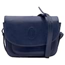 Vintage Navy Blue Leather Flap Structured Shoulder Bag - Cartier