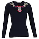 Mary Katrantzou Embroidered Long Sleeve Top in Navy Blue Wool