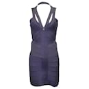 Herve Leger Front-Zip Bandage Dress in Navy Blue Rayon