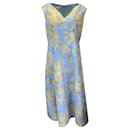 Lafayette 148 New York Blue / Gold Floral Printed Sleeveless V-Neck Flared Dress - Autre Marque