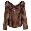 Rejina Pyo Checked V-neck Blouse in Brown Wool 