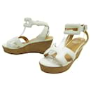 HERMES SHOES H PATTERN WEDGE SANDALS 37.5 WHITE LEATHER SHOES - Hermès