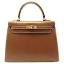 Hermès Kelly handbag 25 BARENIA GOLD LEATHER SADDLER & WHITE STITCHING BAG