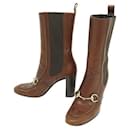GUCCI SHOES MORS ANKLE BOOTS 163415 36.5 BROWN LEATHER BOX HORSEBIT BOOTS - Gucci