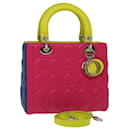 Christian Dior Lady Dior Canage Hand Bag Lamb Skin Blue Pink Auth 70762S