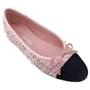 Chanel Pink / Black CC Logo Grosgrain Cap Toe Bow Detail Tweed Ballet Flats - Autre Marque