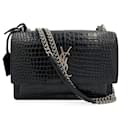 Sunset Crocodile-Embossed Leather Flap Bag Black - Saint Laurent