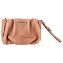 Prada Logo-Plaque Pleated Wristlet Clutch in Brown Leather